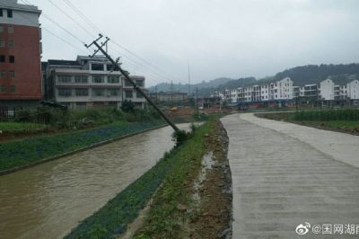 武橋供電所組織搶修被暴雨沖刷傾斜電桿